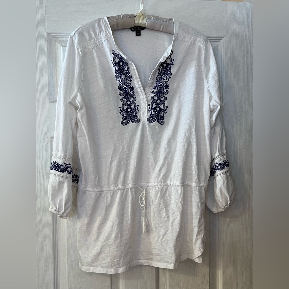 Ralph Lauren White Tunic with Navy Embroidery